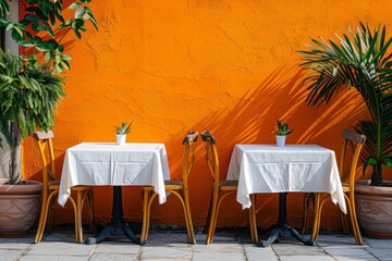 Realistic Restaurant Scene: Two Tables and Chairs Against an Orange Wall Generative AI