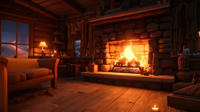 3D rendering of the interior of a log house in the mountains, AI Generated
