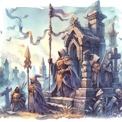 Naklejka premium Mystic Guardians: Watercolor Illustration of Cloaked Warriors Guarding an Ancient Tomb Amidst a Misty Landscape.