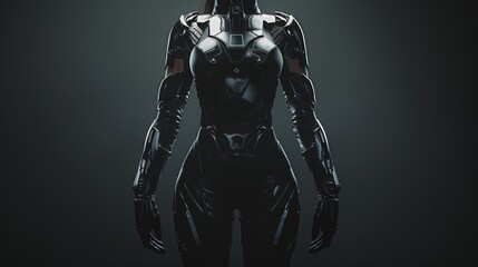Fototapeta premium Futuristic black power suit for woman, minimalist design, dark background.