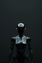 Futuristic black power suit with helmet for woman, minimalist design, dark background.