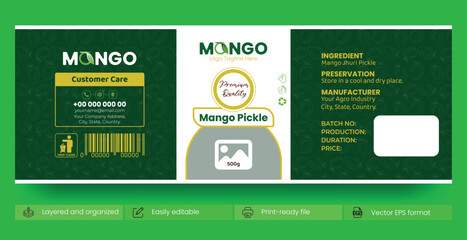 Obraz na płótnie Canvas Green mango pickle level for an organic food brand, also use any food or product leveling with fresh green color backdrop and seamless pattern vector illustration.