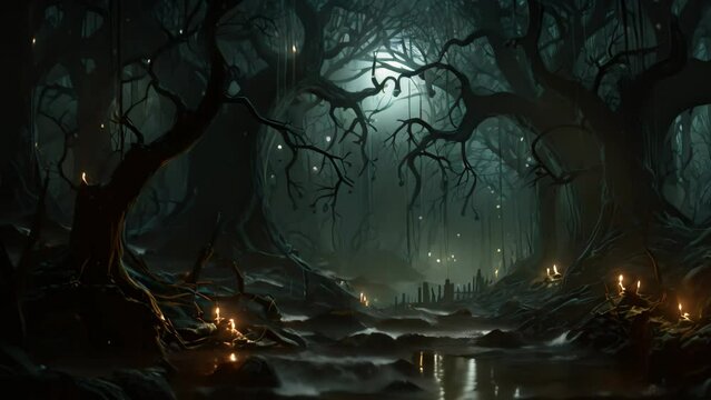 Fantasy dark forest with fog. 3D illustration. Halloween background, AI Generated