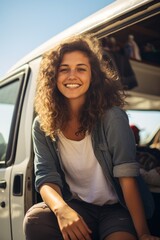 A happy girl sits in the doorway of a motorhome on a sunny beautiful day. Generative AI.
