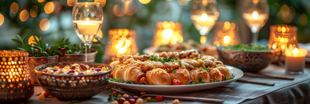 Celebrating the end of Ramadan and the holiday of breaking the fast in Islam. Setting the festive table for celebration. Banner.