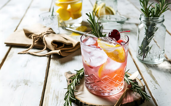 Iced peach and rosemary lemonade cocktail on a table background