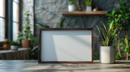 Medium Shot of Picture Frame on Table: A Minimalist Setting Generative AI - obrazy, fototapety, plakaty