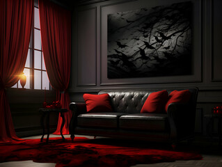 Black sofa in the interior with red curtains. 3D rendering.