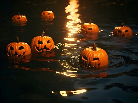 Halloween pumpkins in the water. 3d render illustration.