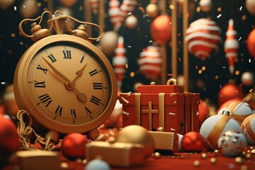 new year clock and christmas balls