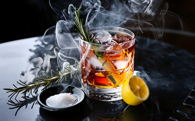 Alcohol cocktail with ice and smoking rosemary on dark table with lemon and salt