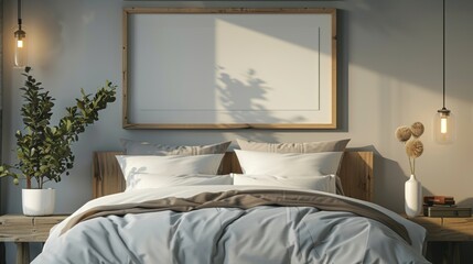 A Modern Picture Frame in Landscape Orientation - Elegantly Hanging in a Well-Lit Coastal Bedroom Generative AI