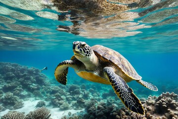 Ocean Mystique: Turtle Gracefully Gliding by a Broken Coral Reef