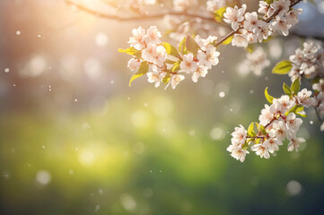 Bright spring or summer background with blooming trees and bokeh lights