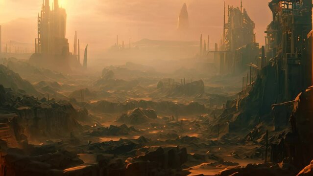 Fantasy landscape of a burning city. 3d rendering. Computer digital drawing, AI Generated