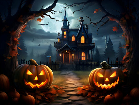 Halloween background with haunted house. pumpkins and witch's house