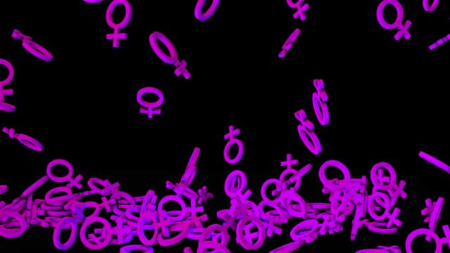 3d Female Icon Pink Symbol Falling Animation. Female Icon Falling And Touch And Hit The Floor The Ground. Gender Equity Female Gender Symbol Animation Falling On Black Background. Female Gender Sign 
