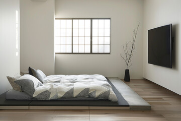 A modern minimalist TV area with a low platform bed and a geometric duvet.