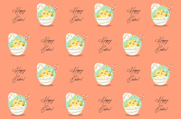 Vector design of Easter pattern of cute Easter chick on peach background