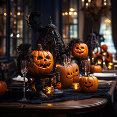 Fototapeta premium Halloween table setting with pumpkins. candlesticks and candles