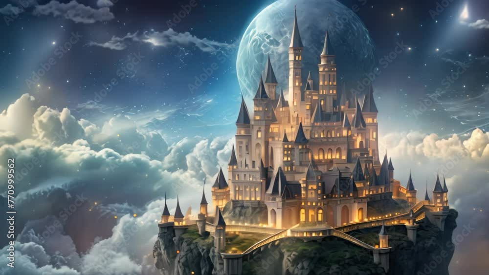 Canvas Prints fantasy landscape with fantasy castle and full moon. 3d rendering, ai generated