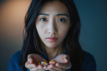 A woman is holding up a bunch of pills in her hands