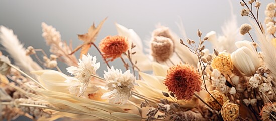 Macro photography captures the intricate details of a dried flower bouquet on a table, showcasing the art and beauty of each plants unique petals