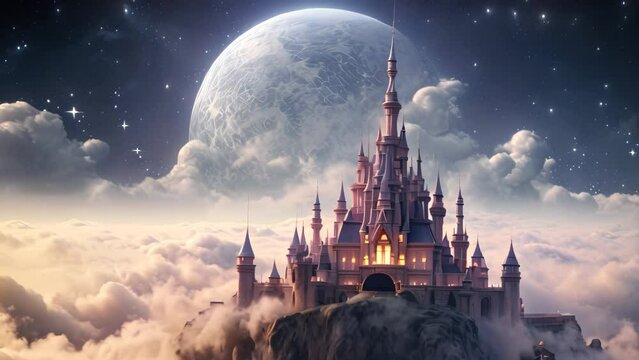 Magic castle in the clouds. Magical fantasy landscape. 3D rendering, AI Generated