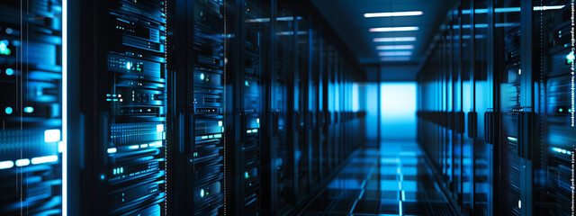 Modern Server Room in a Data Center with Blue Neon Lighting