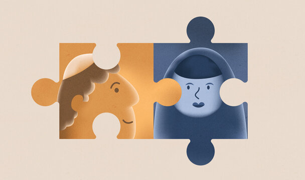 Diverse puzzle of multiracial people coming together in unity.