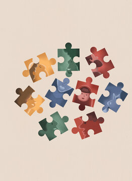 Diverse puzzle of multiracial people coming together in unity.