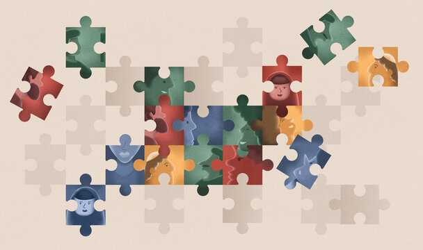 Diverse puzzle of multiracial people coming together in unity.