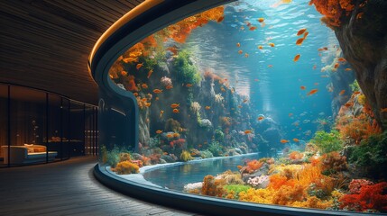 Luxurious Underwater Modern Home with a panoramic view of a coral reef and tropical fish. Luxury resort design concept. Interior design for aquatic experience. Curved aquarium modern architecture.