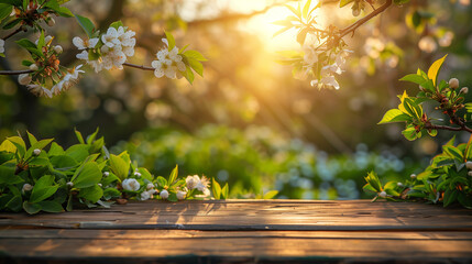 Spring beautiful background with green lush young foliage and flowering branches with an empty wooden table on nature outdoors in sunlight in garden.