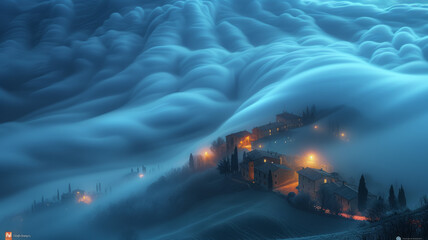 Naklejka premium Enchanting village submerged in luminous sea of clouds.generative ai