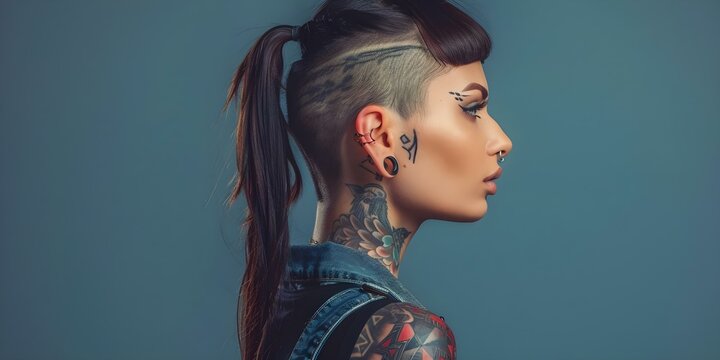 A young woman with tattoos on her neck and shoulders sporting an undercut hairstyle and a long ponytail. Concept Tattooed Woman, Undercut Hairstyle, Shoulder Tattoos, Long Ponytail