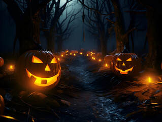 Halloween pumpkins in dark forest at night. 3D rendering