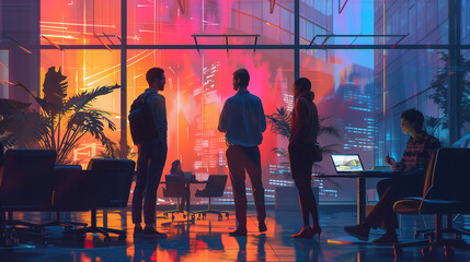 Three Diverse Colleagues Entering Big City Office Meeting Room To Discuss Business Strategy. Male And Female Specialists Talking, Using Laptop Computer, Working On Innovative Technological Project 