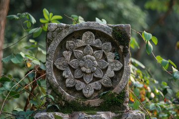 A stone with a flower design on it is covered in moss