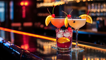 Three glasses of cocktails with orange and cherry on the bar counter