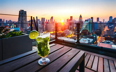 Mojito cocktail on a wooden table with a view of the city - obrazy, fototapety, plakaty