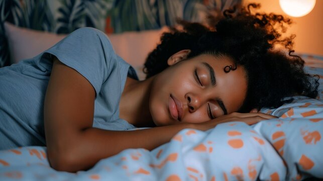 Good night sleep, young African American woman have good sleep at night, tired female person relax and sleeping comfortable on a pillow with blanket dreaming at night, copy space.