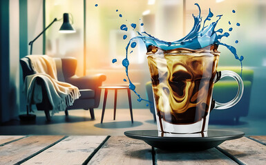 Iced americano iced coffee and space to put text in the blue abstract style in the coffee shop with a popular relaxing corner