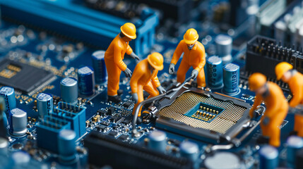 Miniature workers repairing a computer motherboard in simulated maintenance. 