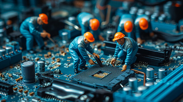 Miniature workers repairing a computer motherboard in simulated maintenance. 