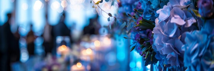 Close-up of Stunning Blue Flower Arrangement at a Corporate Gala Event Generative AI - obrazy, fototapety, plakaty