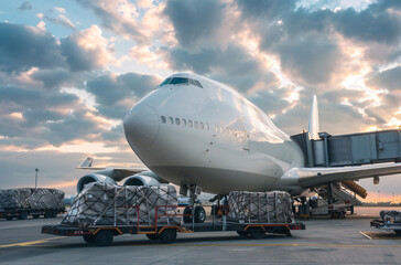 Fototapeta na wymiar Cargo plane loading on runway with packages