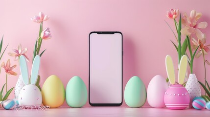Mock Up Big Phone Screen and Colorful Easter Eggs with Bunny Ears