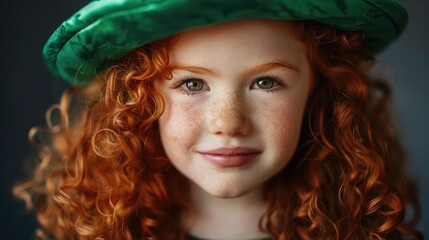 St. Patrick’s Day Celebration: Portrait of a Cute Little Girl with Curly Red Hair Wearing a Green Leprechaun Hat