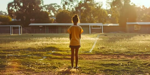 Australian Aboriginal girl on school football field reflecting on Dialectical Behavior Therapy and ancestral connection. Concept Australian Aboriginal Culture, School Sports - obrazy, fototapety, plakaty